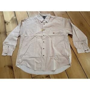 Woods & Woods Men's Button Down striped shirt. Brown/white. Logo. XL